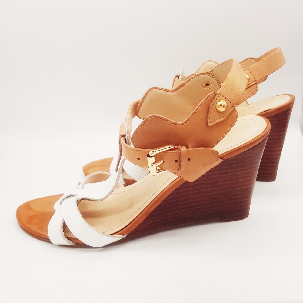 Marc Fisher T-strap White and Tan Wedge Heels